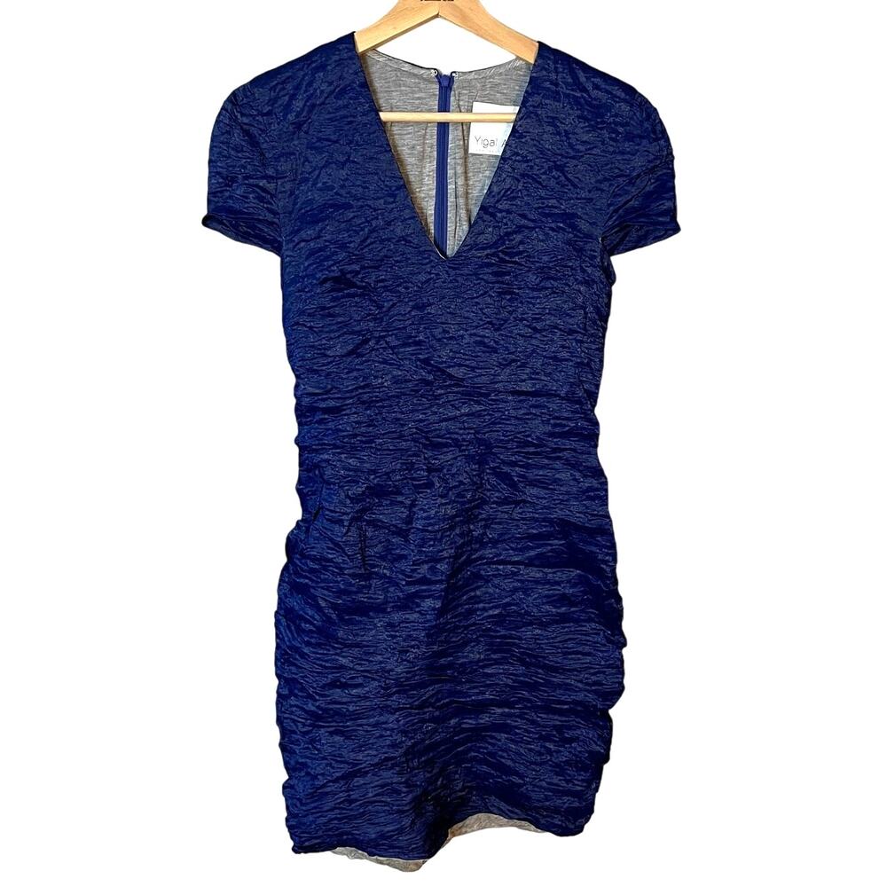 Yigal Azrouel Blue Ruched Bodycon V-Neck Designer Dress | Women's Size 6 EUC